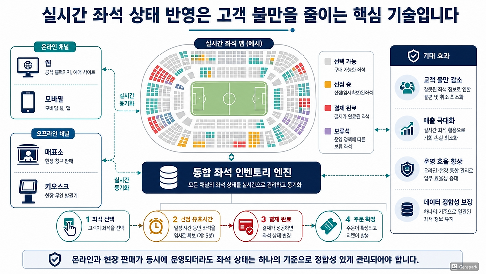 실시간 좌석 상태 동기화 인포그래픽: 온라인·오프라인 채널과 경기장 좌석맵, 통합 좌석 인벤토리 엔진, 고객 불만 감소·매출 극대화