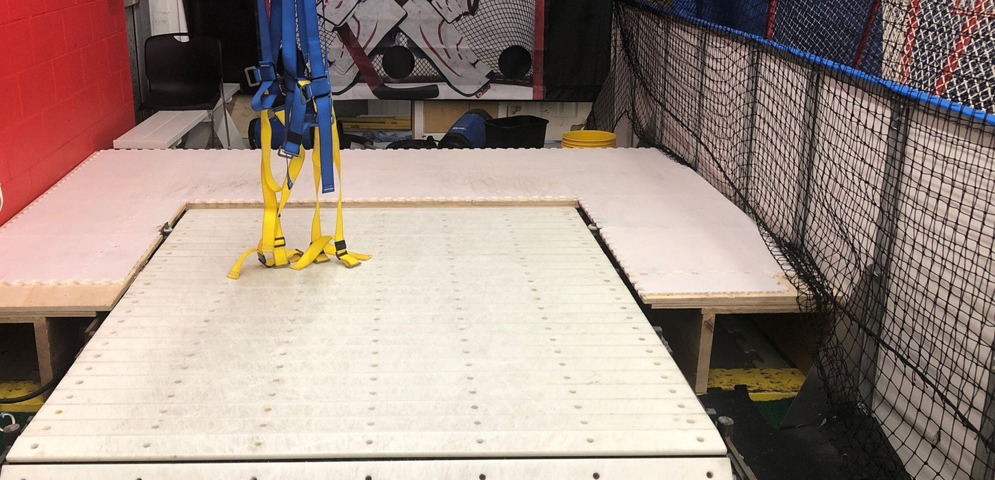 Synthetic ice training area with suspended harness system