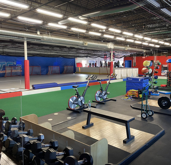 Indoor training facility with turf, exercise equipment, and netted area
