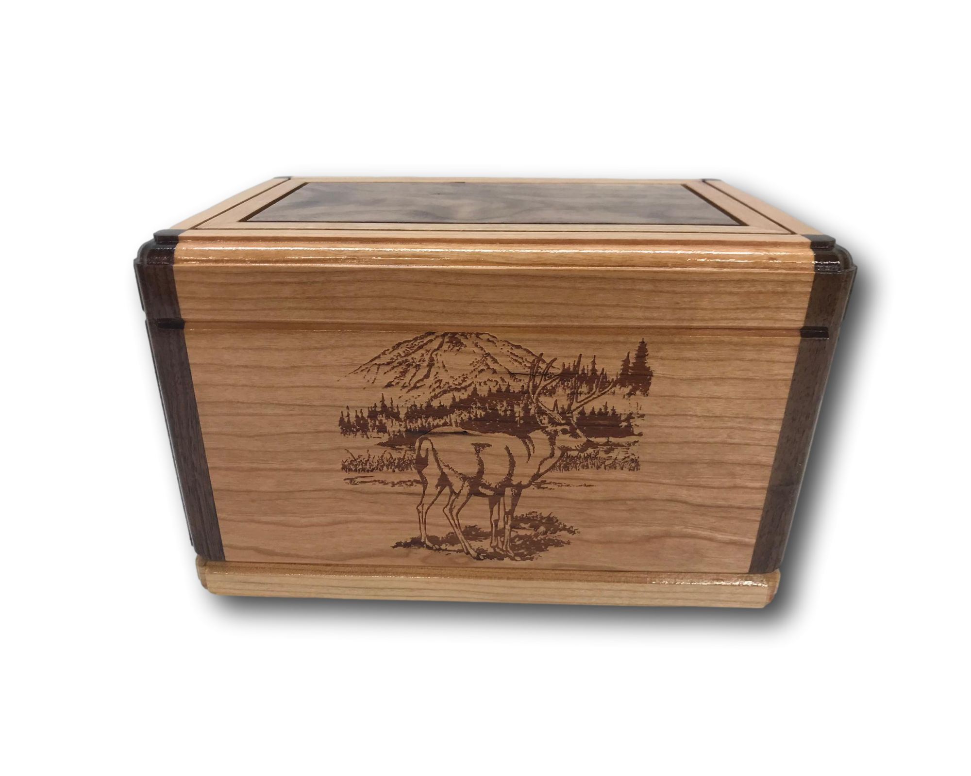 Mule Deer Scene Wooden Burial Urn Cedar/Maple/Cherry/Hickory with Walnut Op