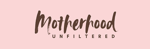 Logo for Motherhood Unfiltered, dark brown against pink background