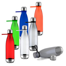 Garrafa plástica em RPET com capacidade de até 700 ml com alça flexível em silicone. Tampa rosqueável com anel de silicone para vedação, base em metal.