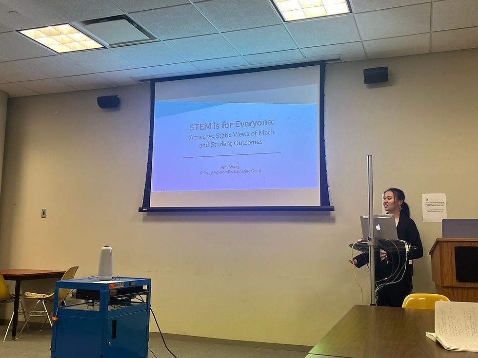 Amy Wang presents her project titled "STEM is for Everyone: Active vs. Static Views of Math and Student Outcomes."
