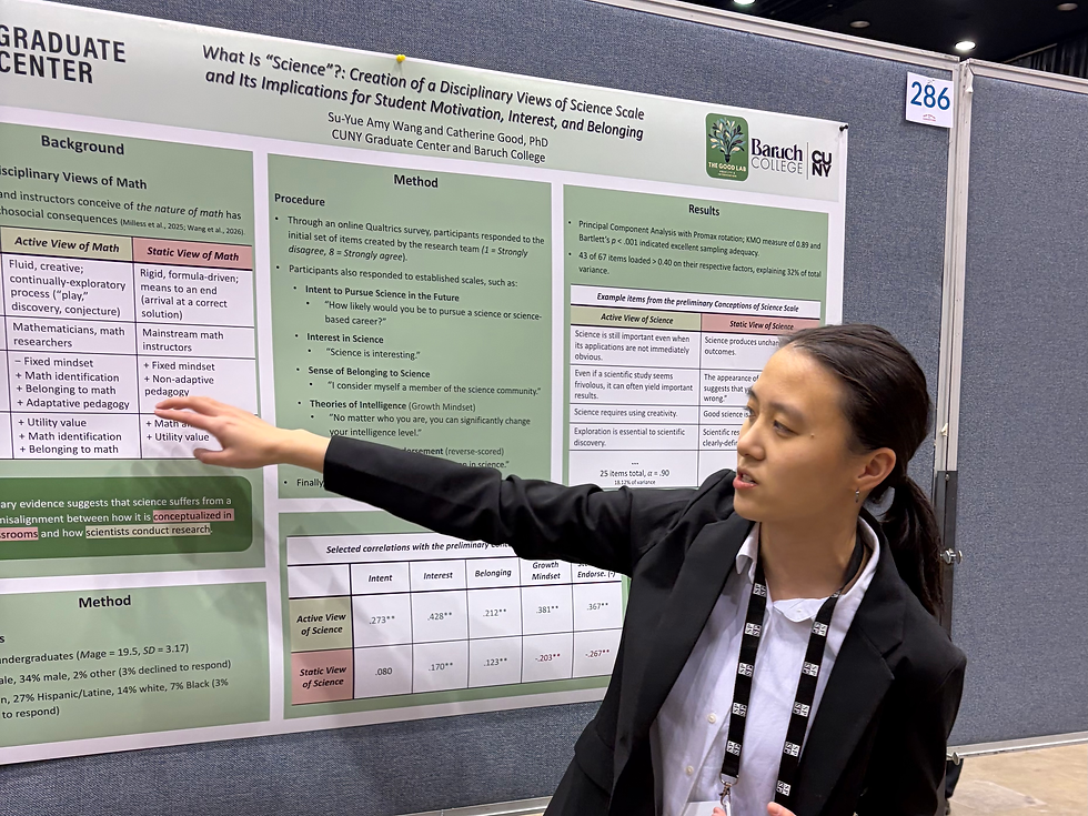 Amy Wang with her poster titled “What Is ‘Science’?: Creation of a Disciplinary Views of Science Scale and Its Implications for Student Motivation, Interest, and Belonging.”