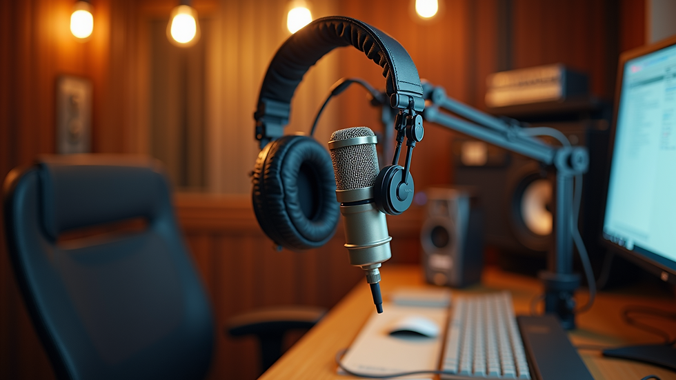 Eye-level view of a cozy radio studio with microphones and headphones