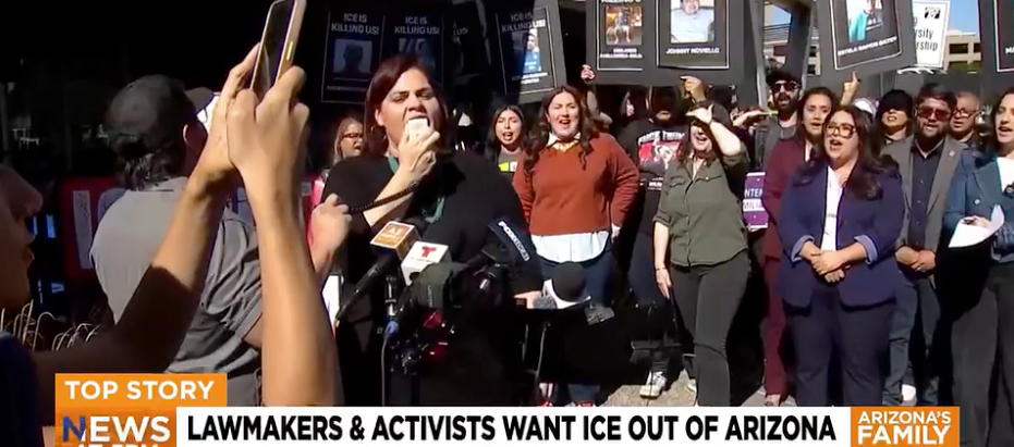 “ICE of out Phoenix! ICE out of Phoenix!” a couple of hundred people chanted while marching from Zipps on Central Avenue near Thomas Road to the ICE Phoenix Field Office down the street.