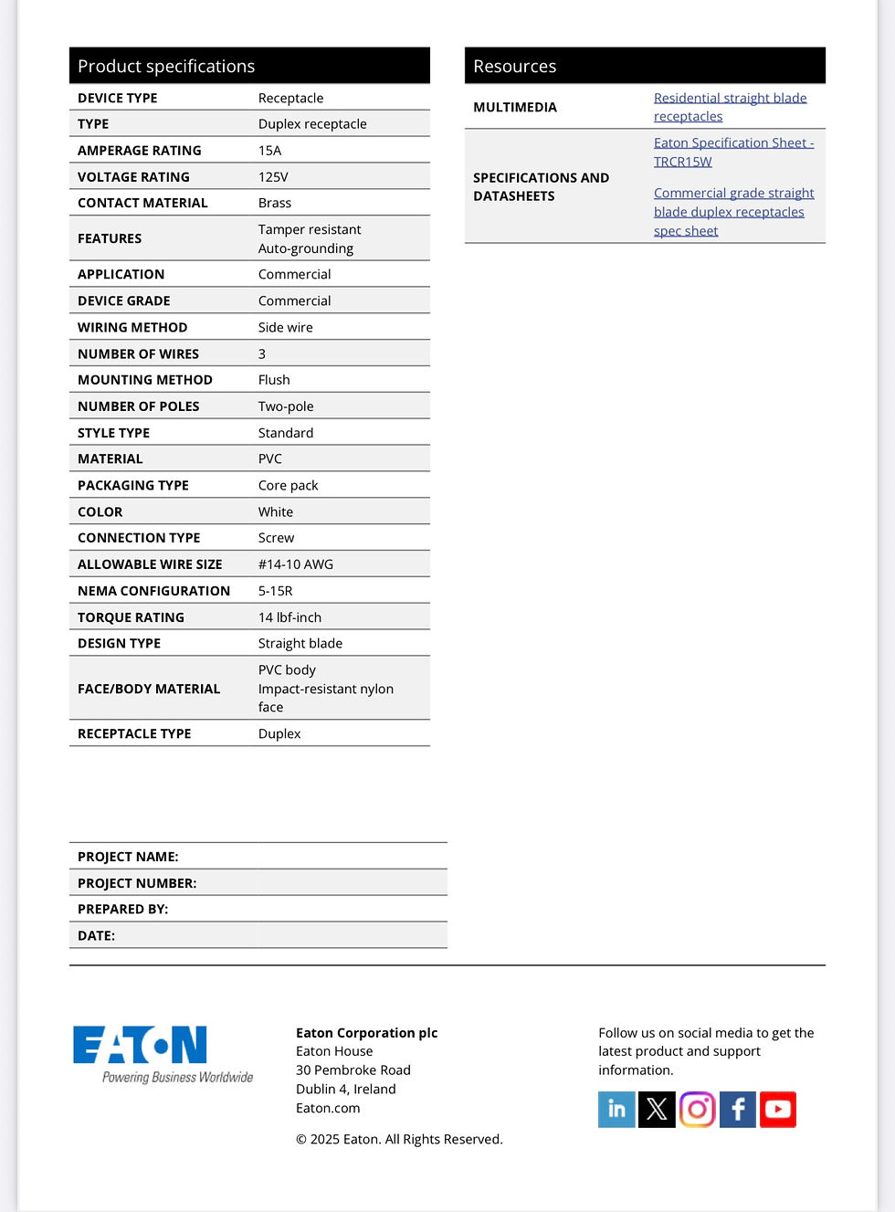 Thumbnail: Eaton TRCR15W commercial specification grade duplex receptacle, #14-10 AWG, 15A