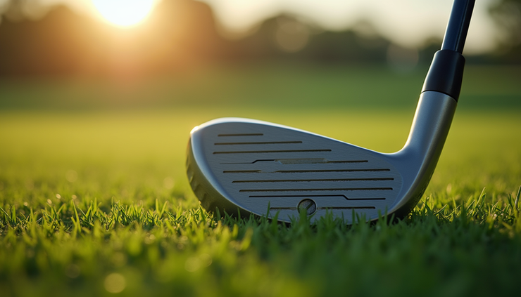 Close-up view of a modern golf driver head resting on green grass