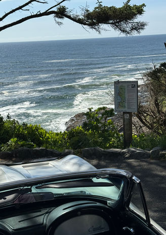Car overlooks ocean waves from cliff viewpoint
