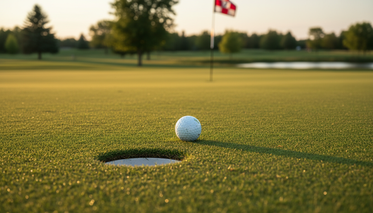 Close-up view of a golf ball on a green near the hole in late-summer light.