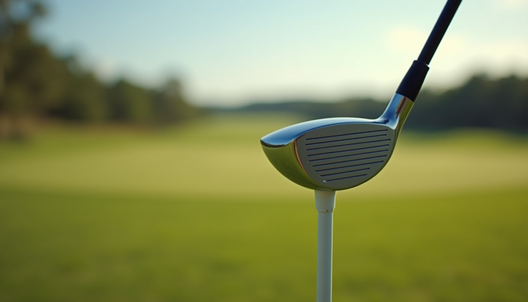 Eye-level view of a golf driver resting on a tee with a blurred fairway background