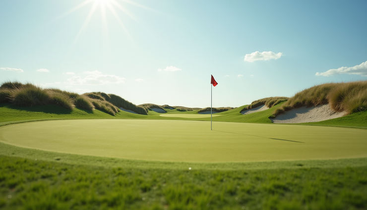 Eye-level view of Royal Birkdale’s 18th hole green with flagstick and surrounding bunkers