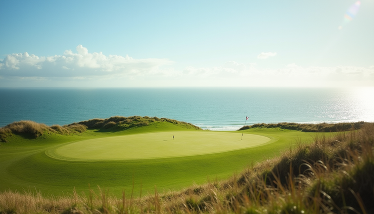 Eye-level view of Royal Birkdale Golf Club’s 18th hole with the sea in the background