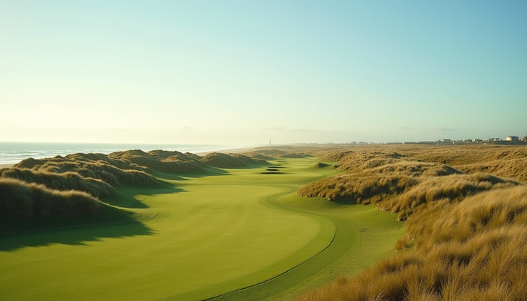 Wide angle view of Royal Birkdale golf course with rolling dunes and fairways