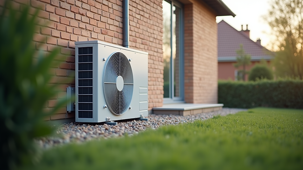 Eye-level view of an air source heat pump unit installed outside a modern home