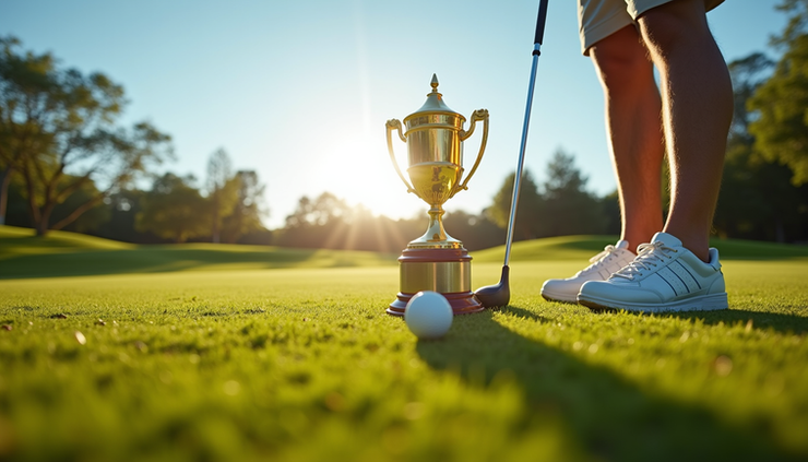 Eye-level view of Wyndham Clark holding the US Open trophy on the 18th green