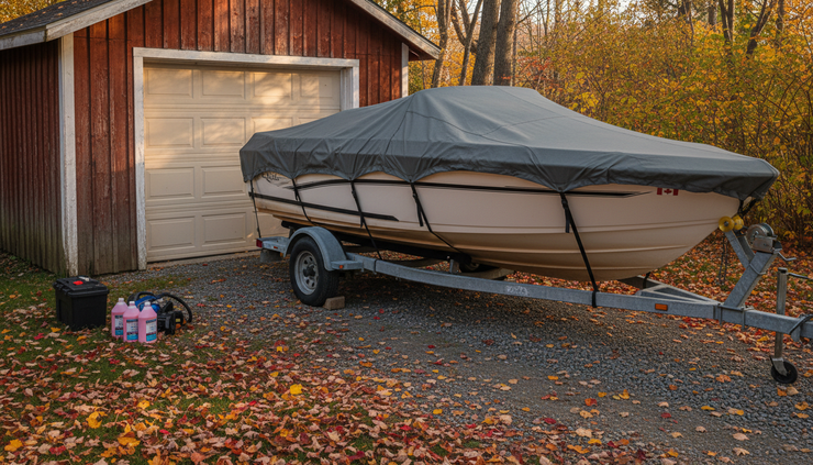 Eye-level view of a covered boat stored on a trailer beside a garage.