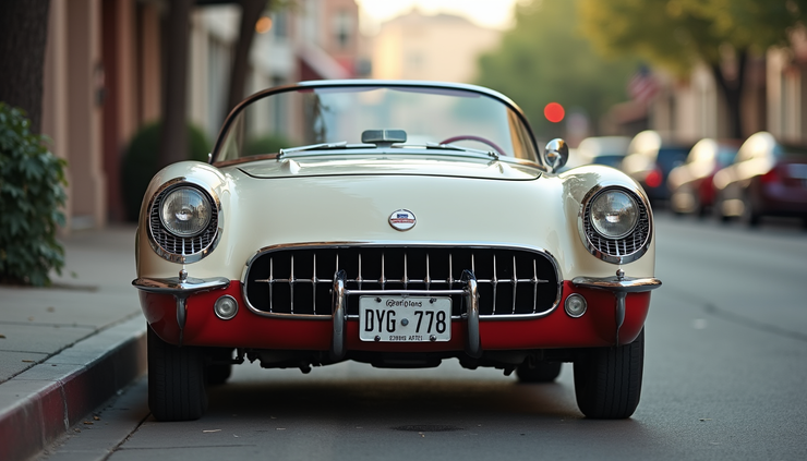Eye-level view of a classic 1950s Chevrolet Corvette parked on a street