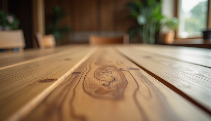 Close-up view of a custom wooden dining table with natural grain patterns