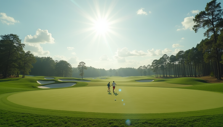 Eye-level view of a sprawling golf course with a challenging green and sand traps