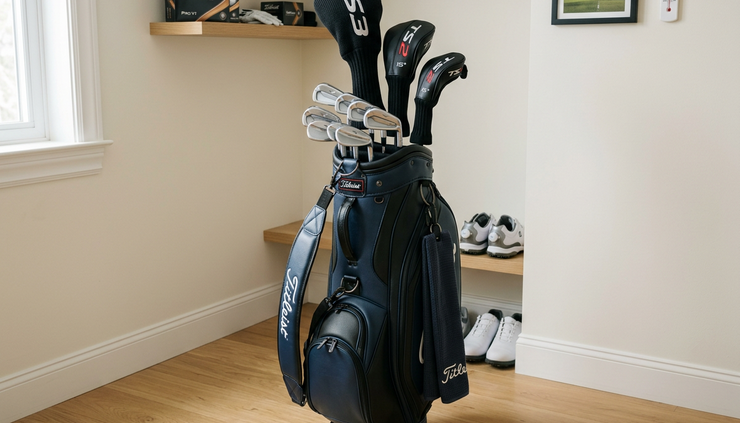 Eye-level view of a golf bag stored neatly in a dry home storage room.