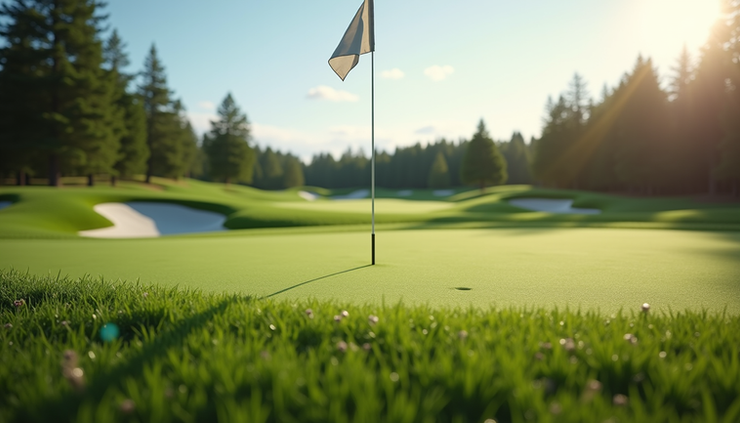Eye-level view of a lush golf course with a challenging green and sand traps
