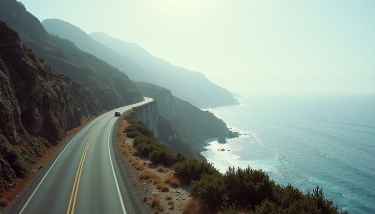 Eye-level view of winding coastal highway with ocean on one side and cliffs on the other