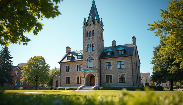 Eye-level view of a historic Canadian town hall building