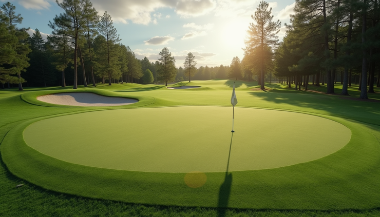 High angle view of a golf green with a flagstick and sand bunker nearby