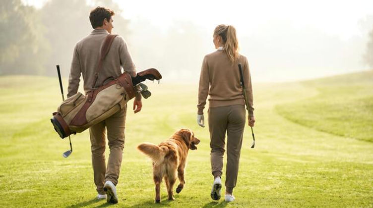 couple-walking-on-golf-course-with-golden-retriever-at-sunrise