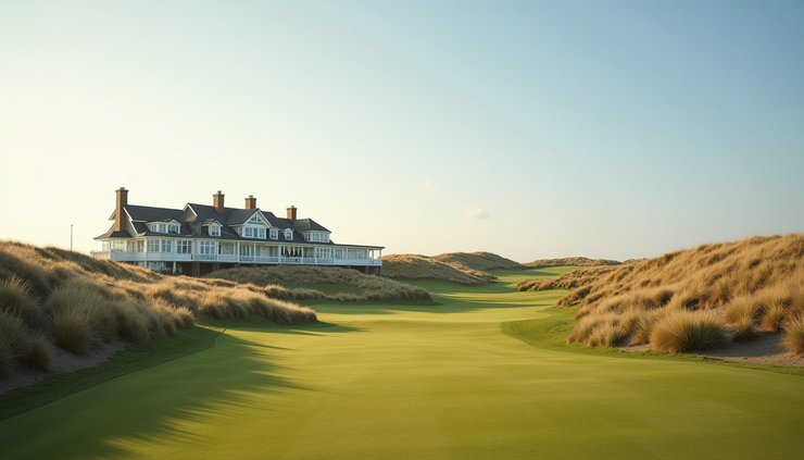 Wide angle view of Royal Birkdale Golf Club’s clubhouse and surrounding dunes