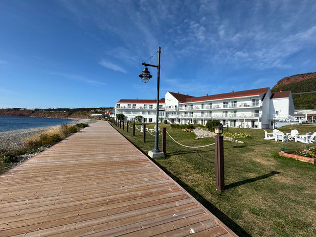 Oceanfront resort with wooden boardwalk