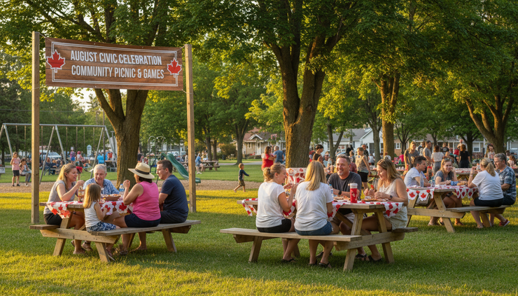 Eye-level view of a small Canadian town park decorated for an August civic celebration.