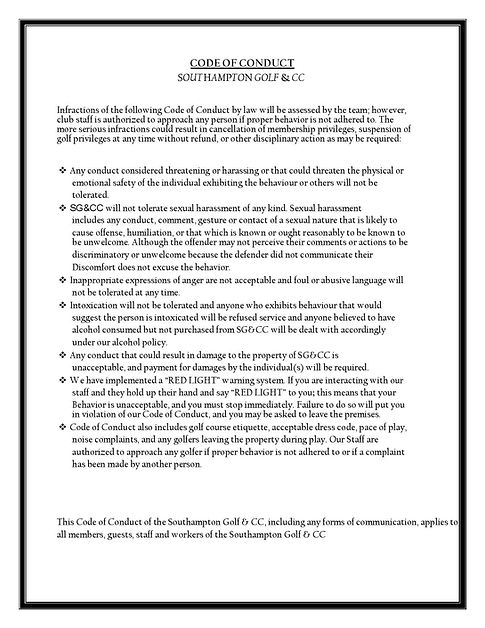 southampton Golf & CC Code of Conduct