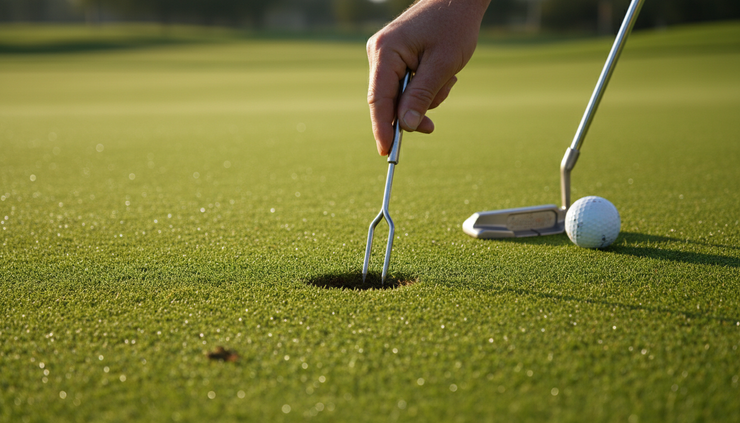 Close-up view of a golfer repairing a ball mark on a green with a small repair tool.
