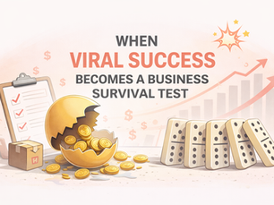 Egg with coins, dominoes, checklist, and box on a table. Red arrows and text: When Viral Success Becomes a Business Survival Test.