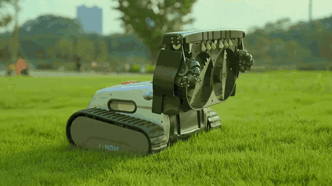 GIF depicting the functions and specs of the Lymow One robot mower, via kickstarter campaign