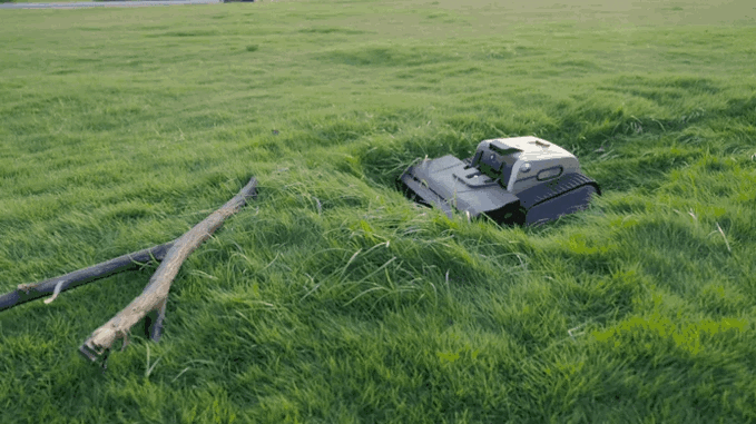 GIF depicting the functions and specs of the Lymow One robot mower, via kickstarter campaign
