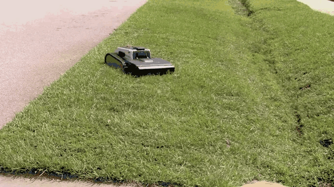 GIF depicting the functions and specs of the Lymow One robot mower, via kickstarter campaign