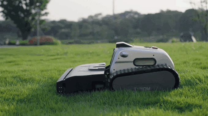 GIF depicting the functions and specs of the Lymow One robot mower, via kickstarter campaign