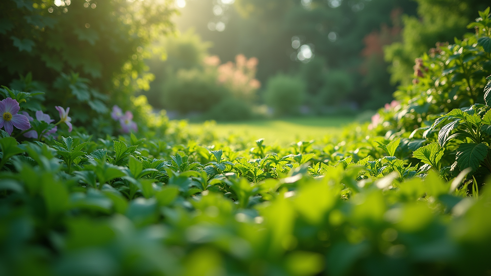 Eye-level view of a lush green garden with diverse plants
