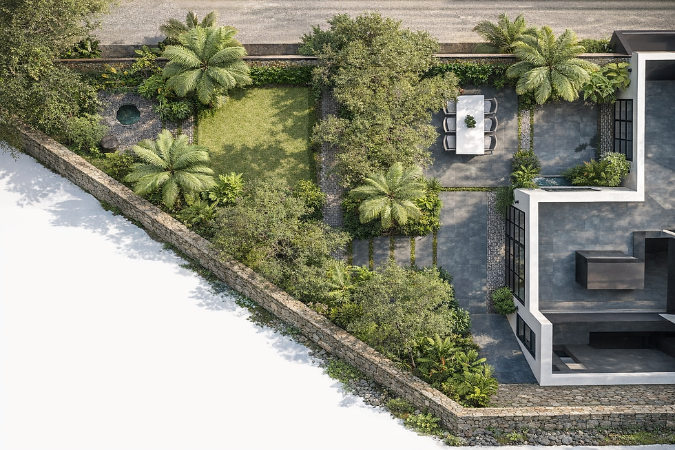 Aerial view of a suburban garden transformed into a tropical jungle oasis with layers of deep green plants and a peaceful seating area.