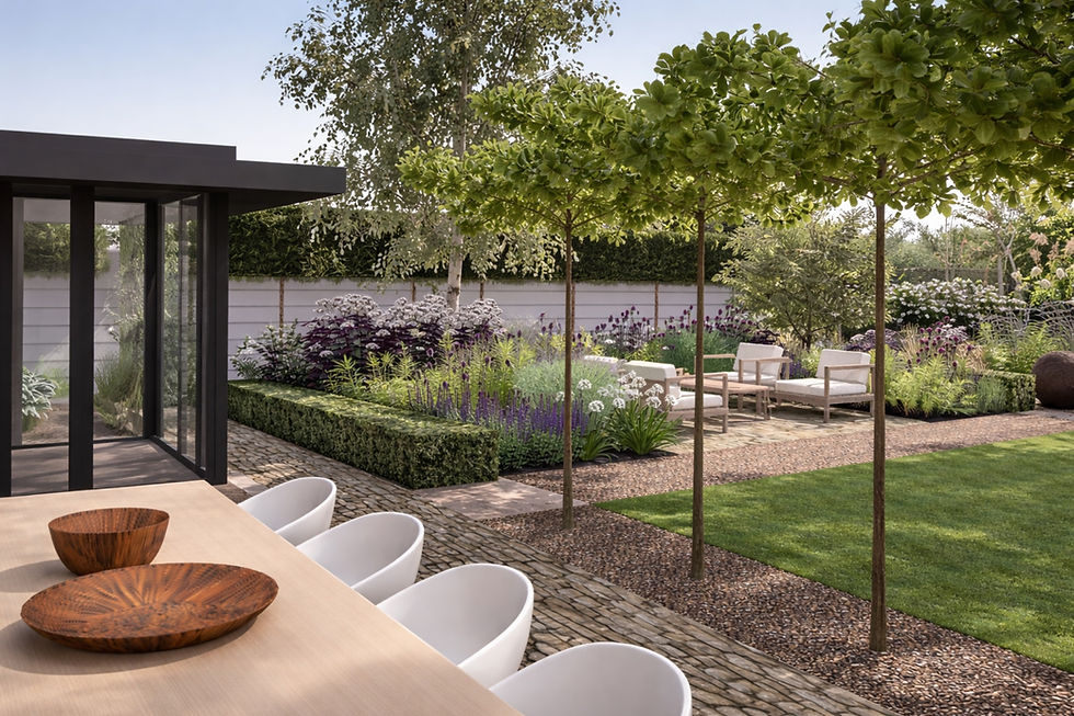 A contemporary garden design by Studio Bosque featuring a comfortable outdoor dining area, a cosy seating space with comfy chairs, neatly clipped low yew hedging, and soft, naturalistic planting.