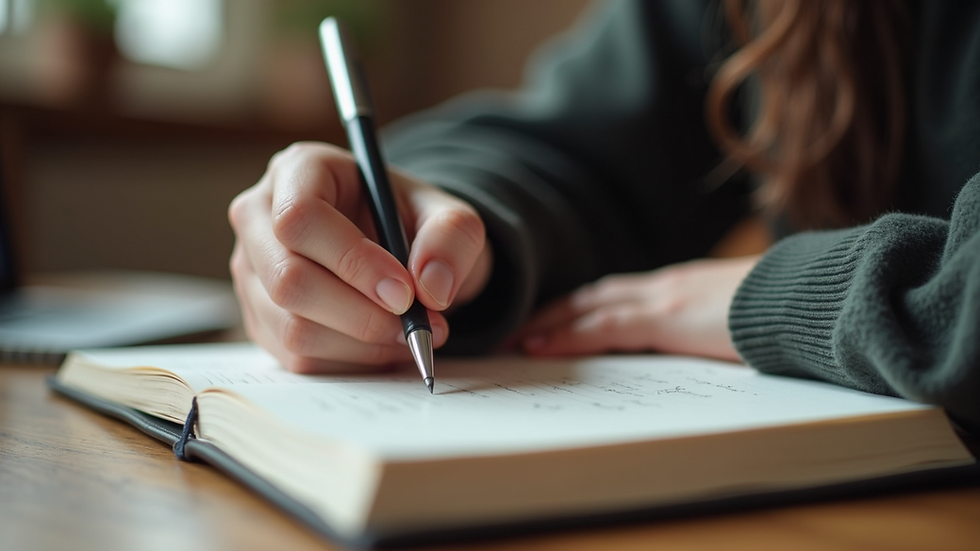 Close-up view of a person writing in a journal during a mentoring session