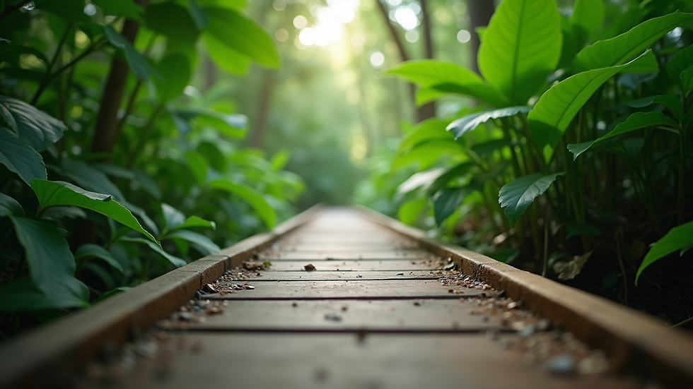 Close-up view of a wooden pathway leading through dense jungle greenery