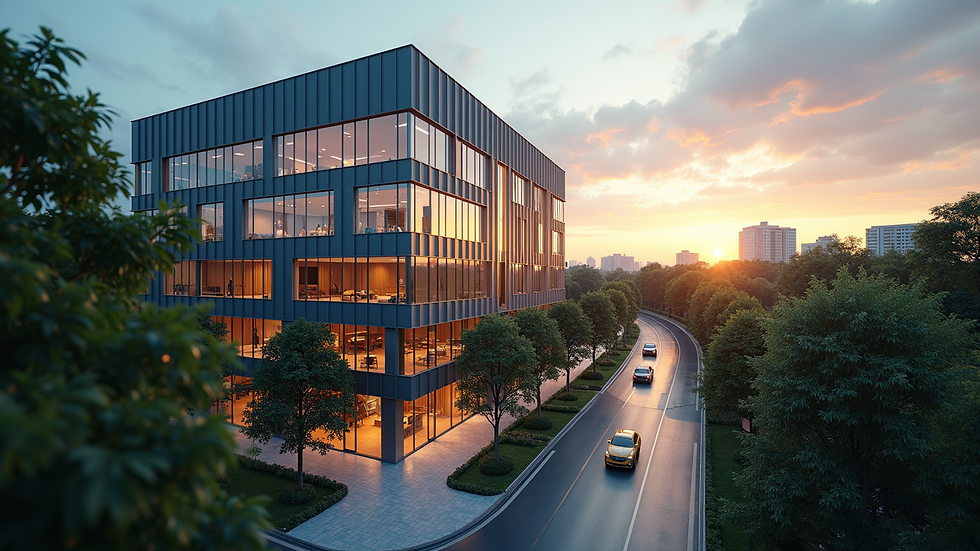 High angle view of a contemporary office building designed by Bangalore architecture experts