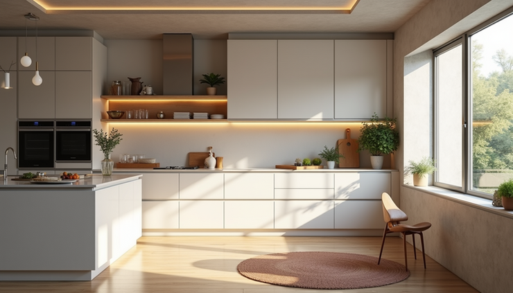 Eye-level view of a modern kitchen with natural light and balanced layout