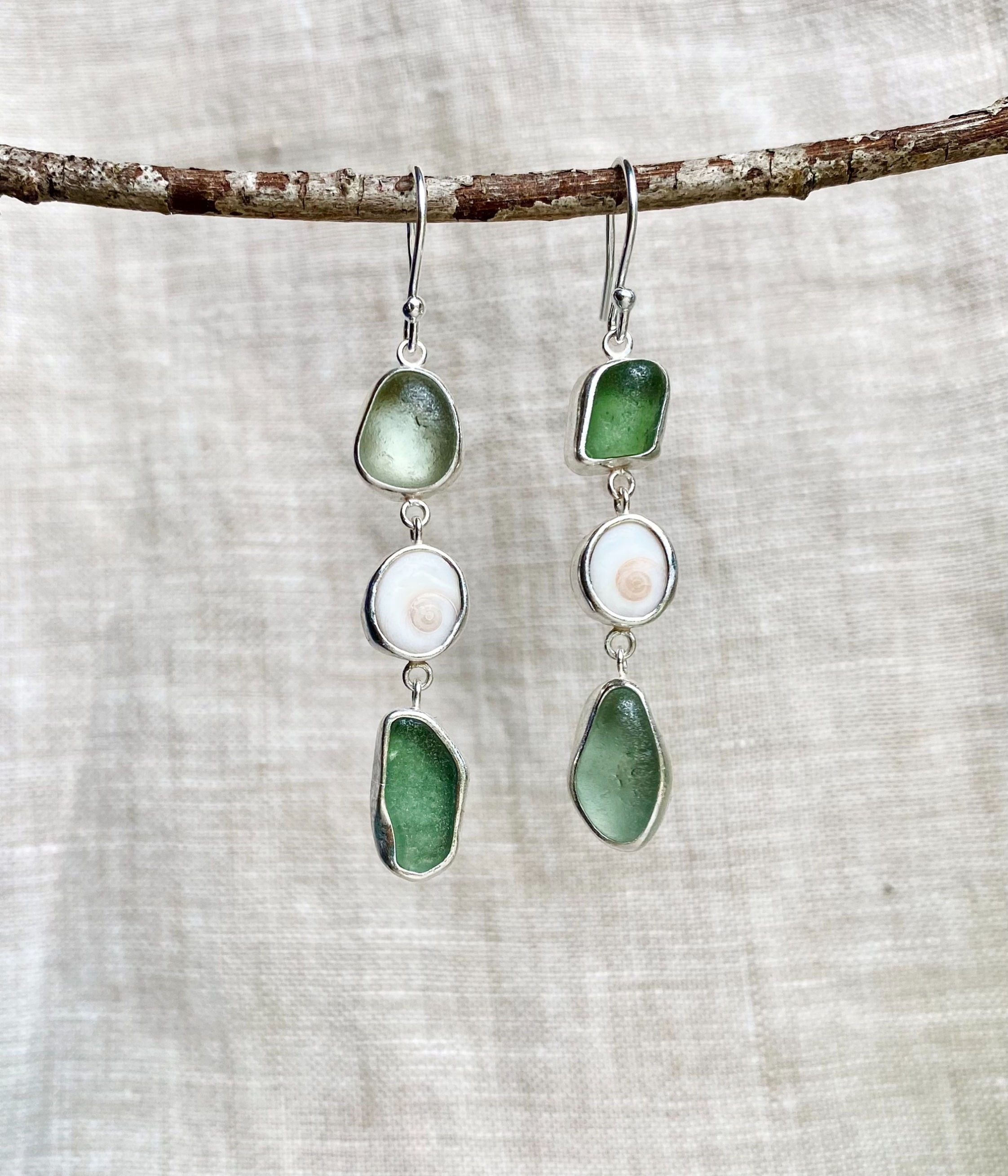Operculum Shell and Sea Glass Earrings
