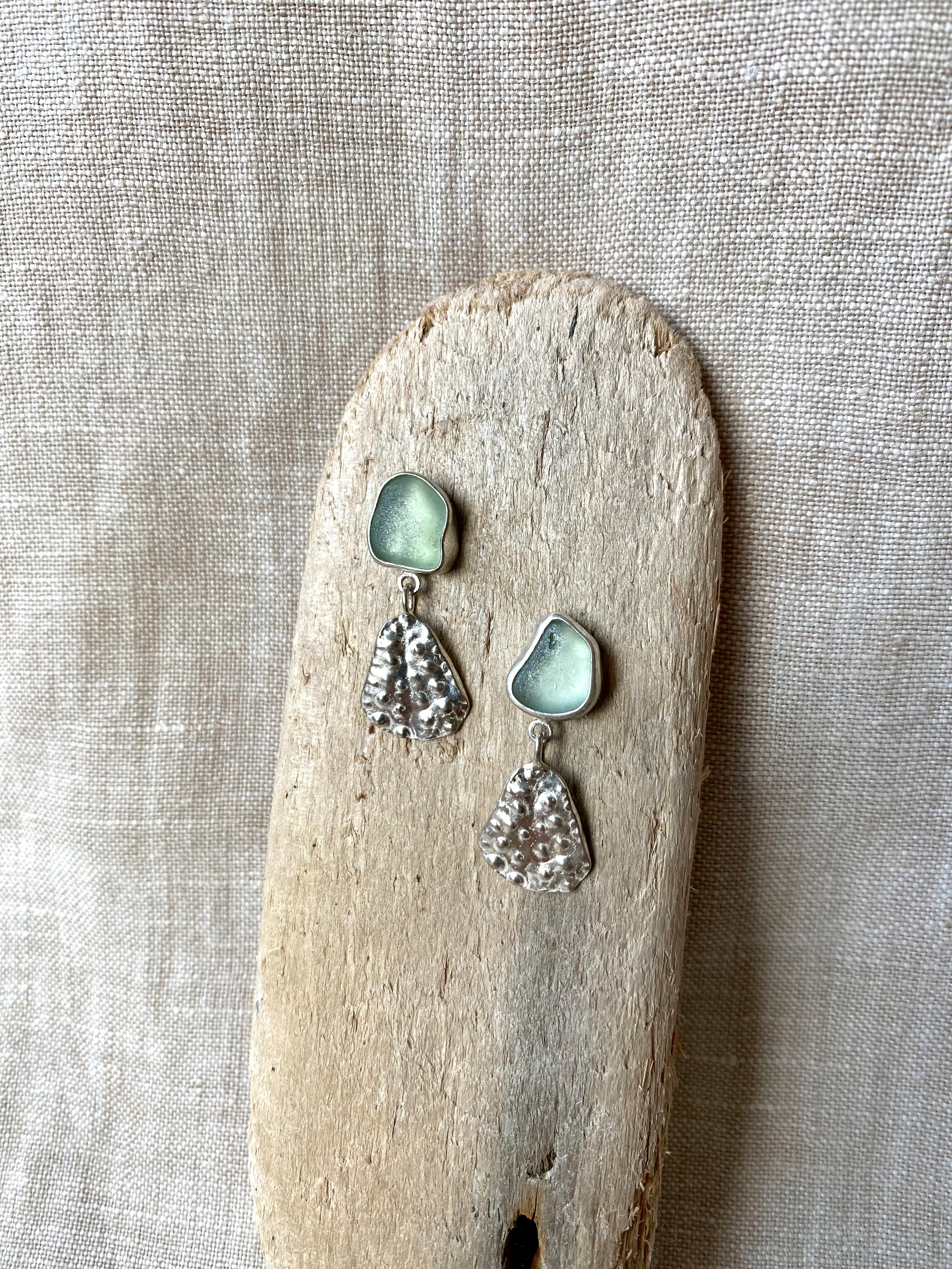 Silver Sea Urchin and Sea Glass Earrings