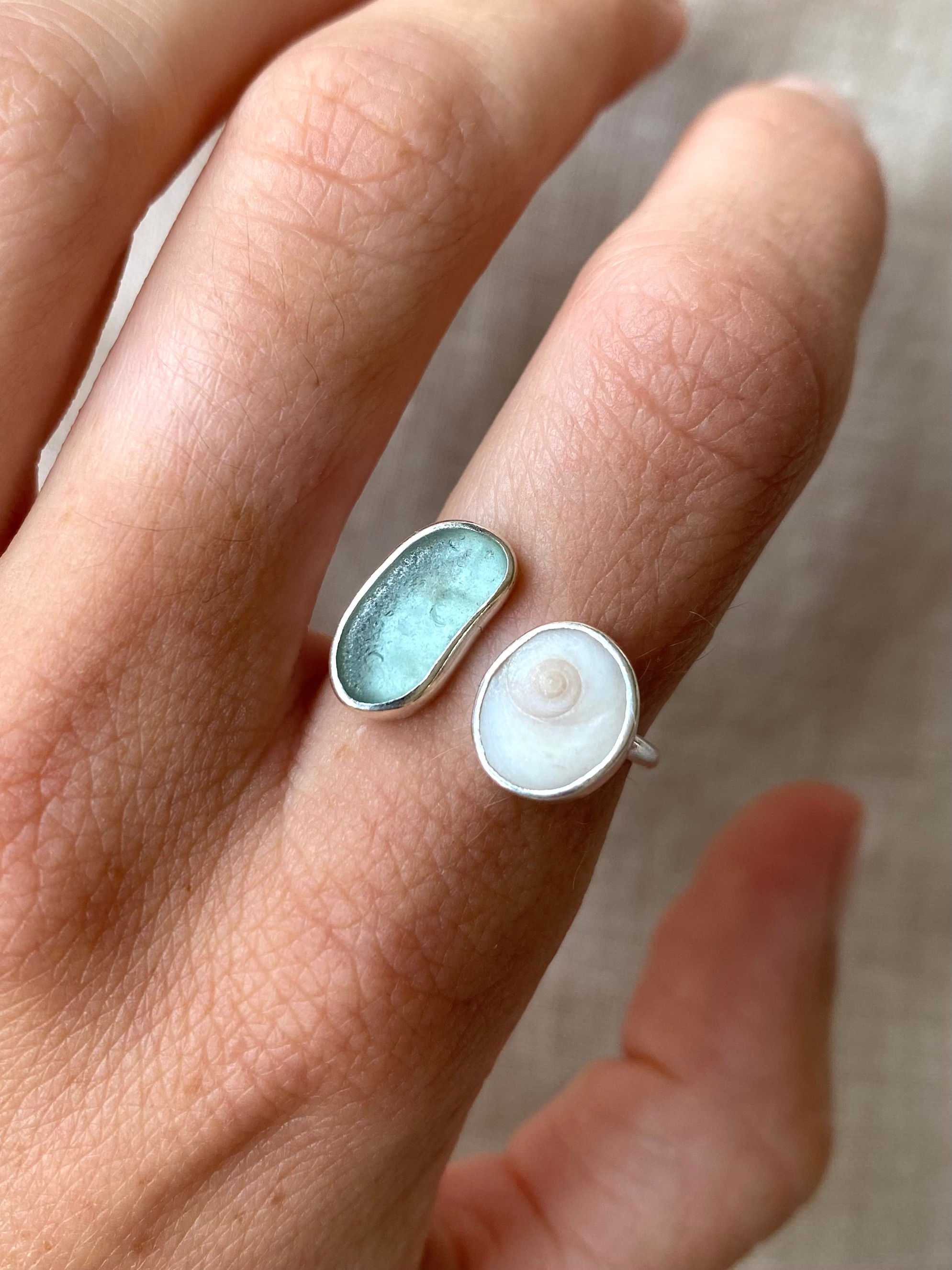 Adjustable Shell x Sea Glass Ring - Sizes L - O